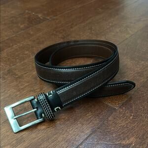 Cole Haan Men’s Two Tone Leather Belt 
With Contrast Stitching, Silver Hardware